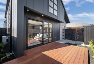 New-build hardwood deck with sliding doors in Christchurch